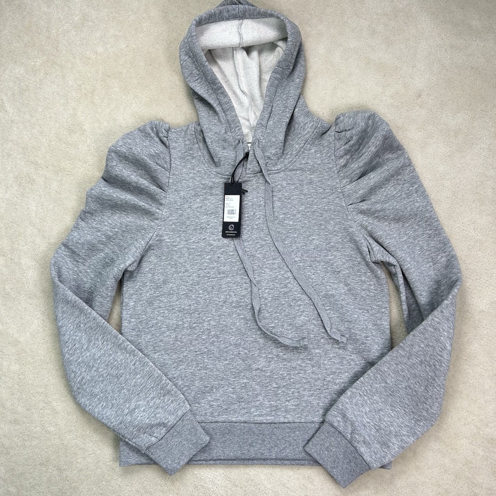 Rebecca Minkoff Janine Hoodie Women's Medium Puff Sleeve Fleece Grey